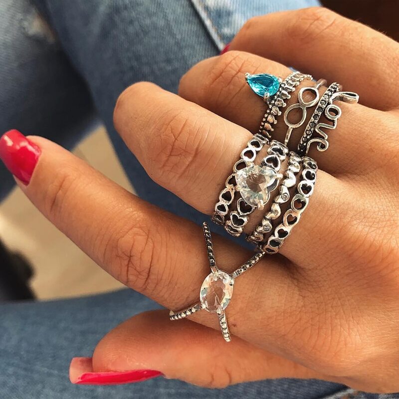 

8pcs Rhinestone Heart Ring, Silver
