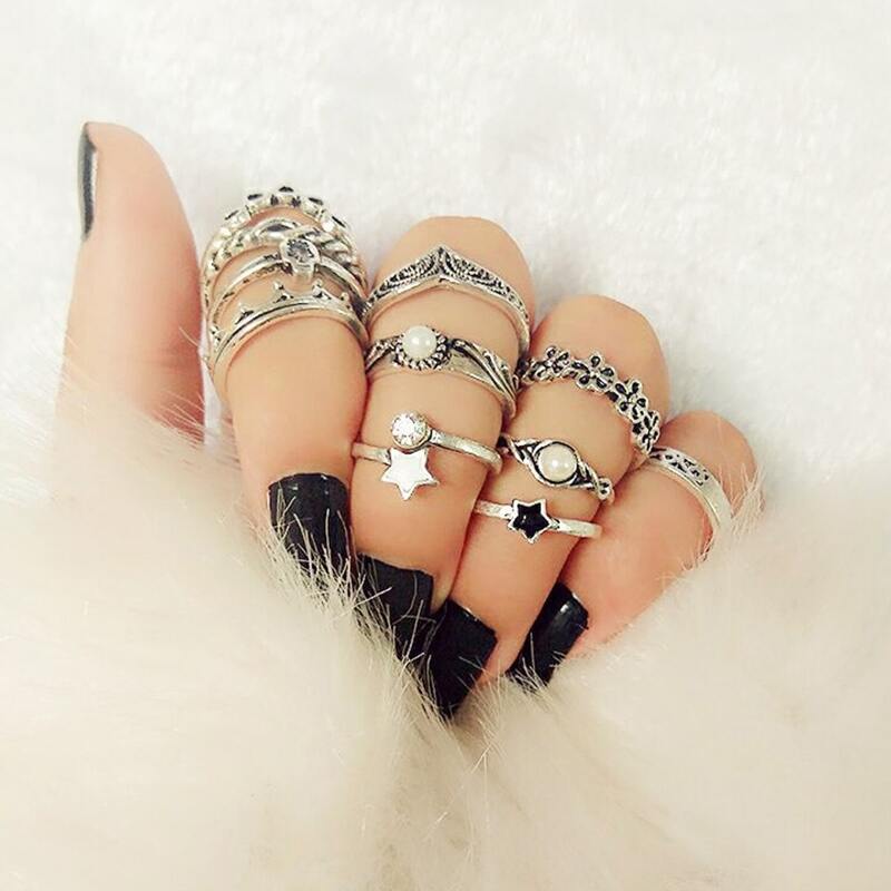 

11pcs Rhinestone Star & Floral Ring, Silver