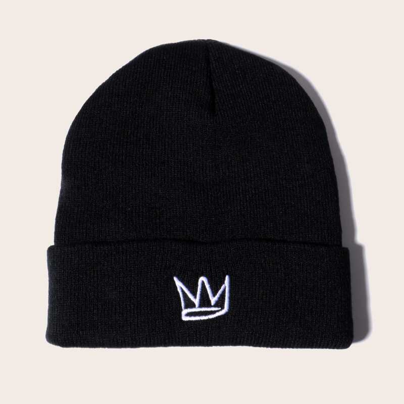 

Crown Embroidery Knitted Beanie, Black