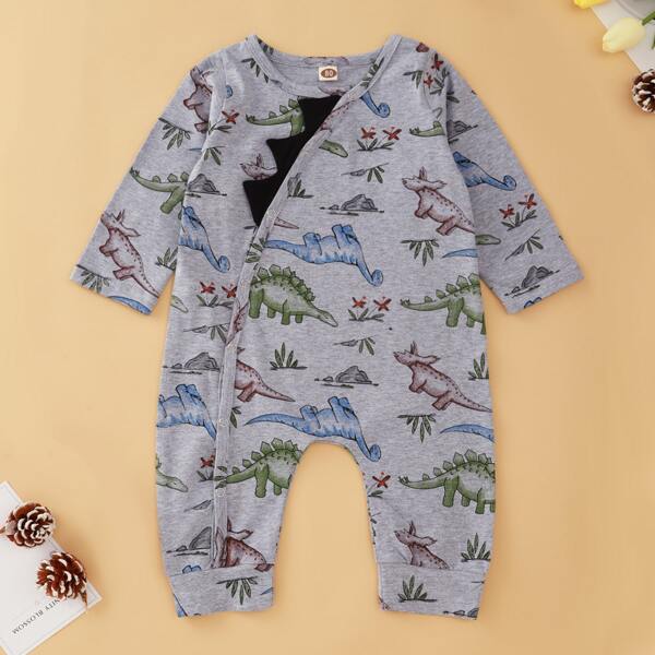 

Baby Boy Allover Dinosaur Print 3D Design Jumpsuit, Grey