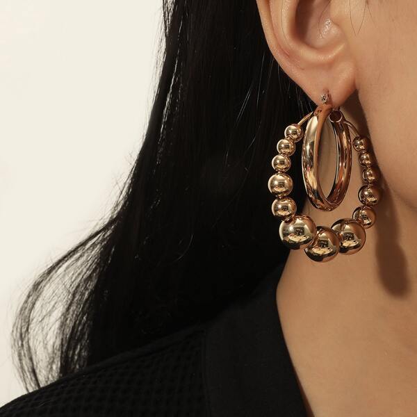 

Layered Bead Decor Hoop Earrings, Gold