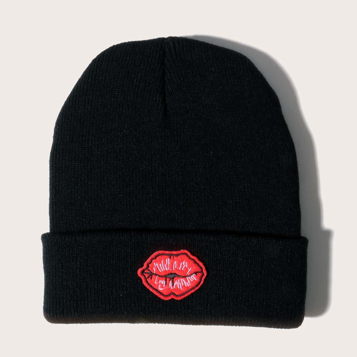 

Red Lips Graphic Knit Beanie, Black