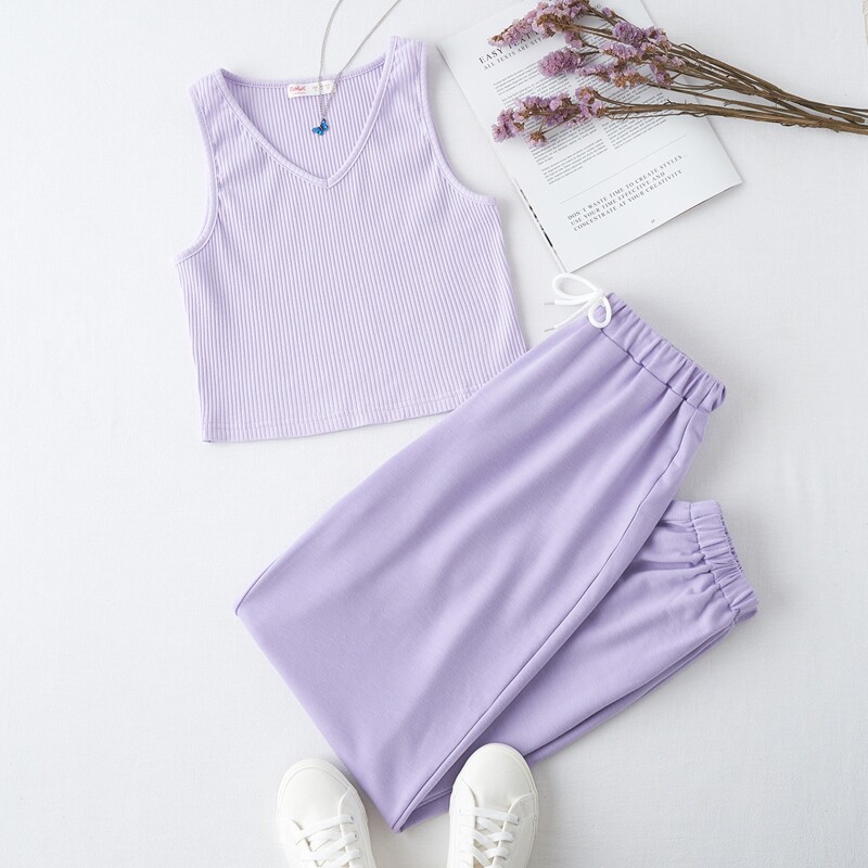 

Solid Ribbed Tank Top & Sweatpants, Lilac purple