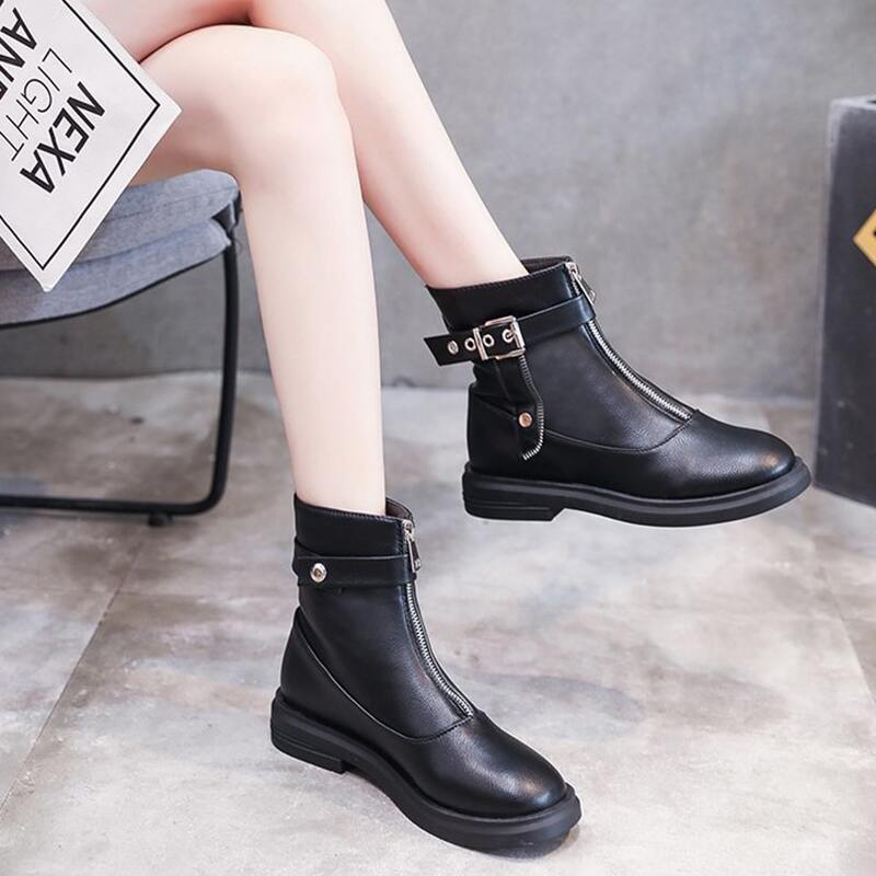 

Front Zip Buckle Ankle Boots, Black
