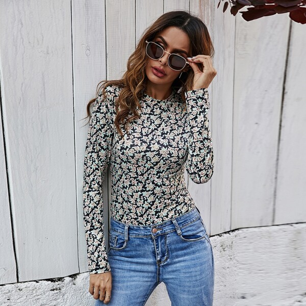 

Allover Floral Print Mock Neck Tee, Multicolor