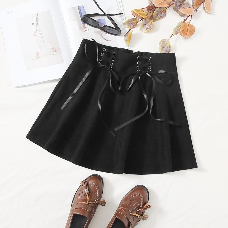 

Solid Lace Up Skater Skirt, Black