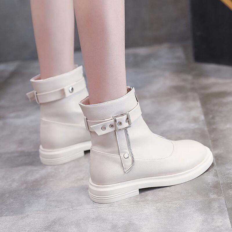 

Front Zip Buckle Ankle Boots, Beige