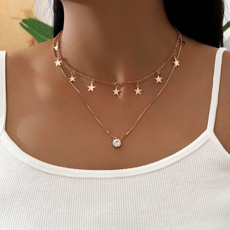 

Rhinestone Star Layered Necklace, Gold