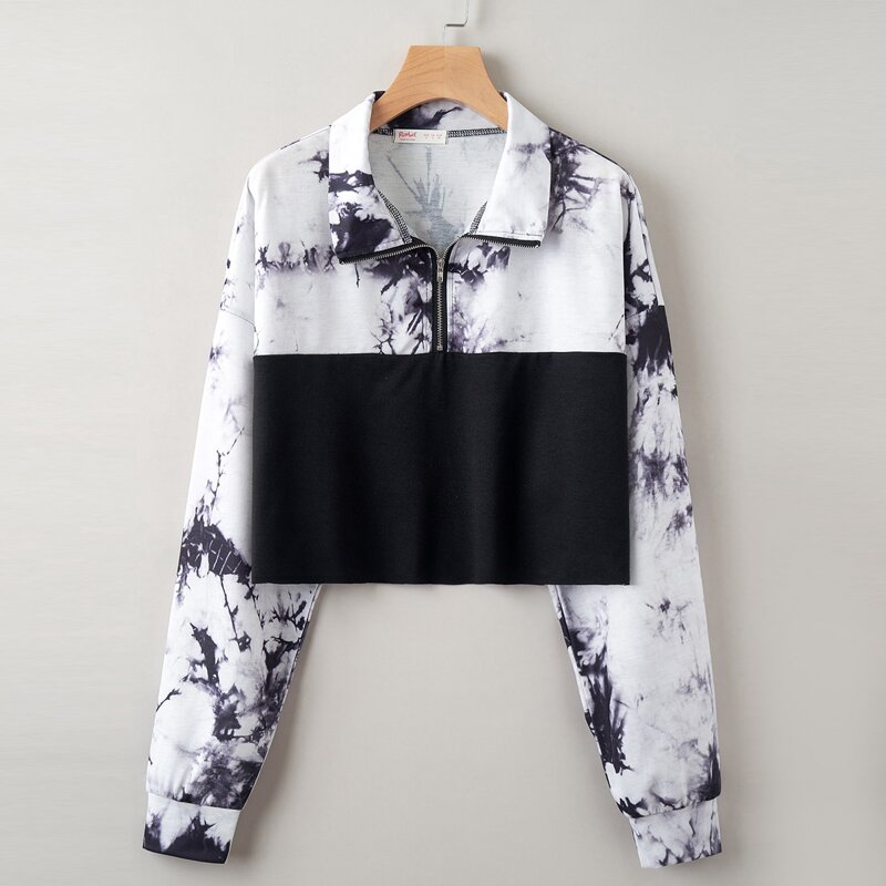 

Colorblock Tie Dye Half Zip Sweatshirt, Black and white