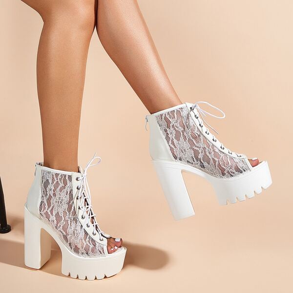 

Peep Toe Chunky Heeled Platform Floral Lace Boots, White