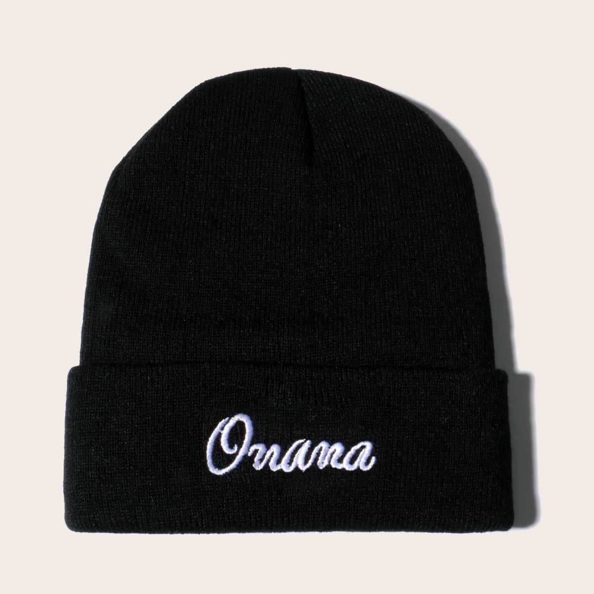 

Letter Embroidery Knitted Beanie, Black