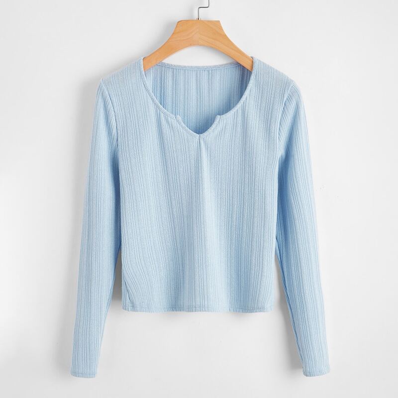 

Solid Notched Ribbed Crop Tee, Baby blue