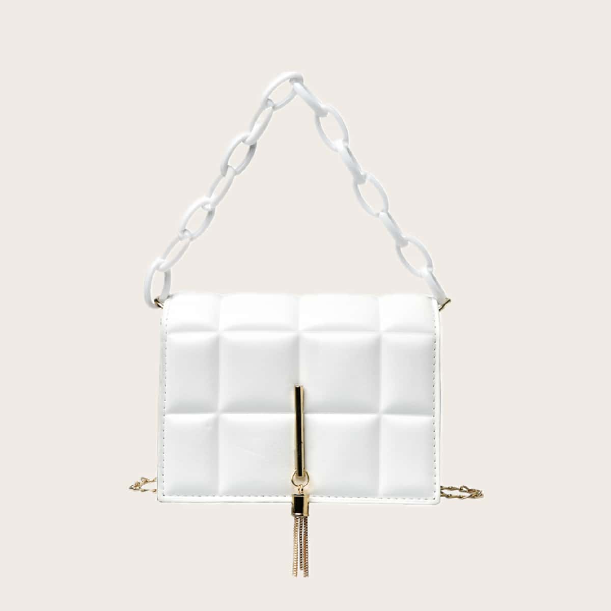 

Metal Tassel Charm Chain Satchel Bag, White