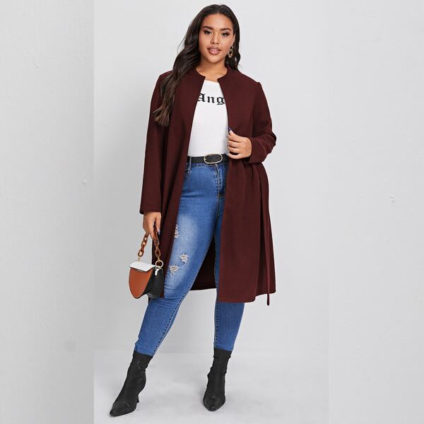 

Plus Open Front Belted Solid Coat, Burgundy