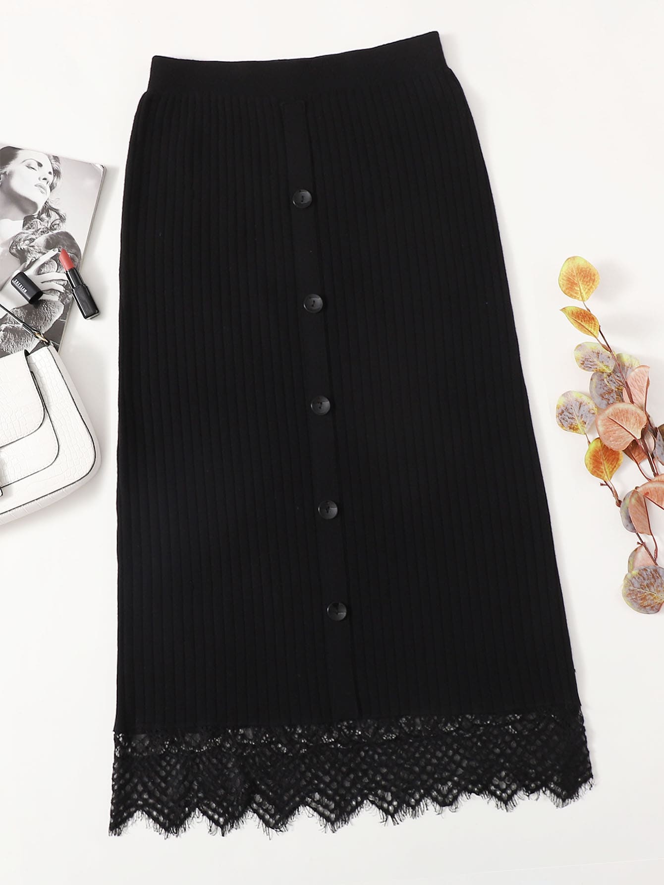 Plus Buttoned Front Lace Hem Knit Skirt thumbnail