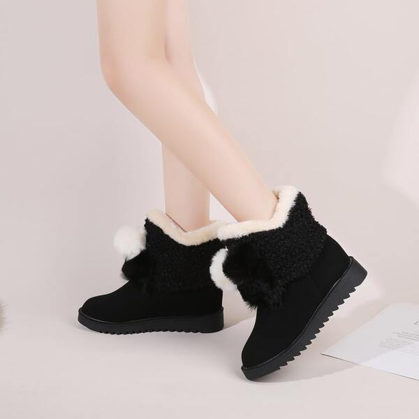 

Pom-pom Decor Warm Ankle Boots, Black