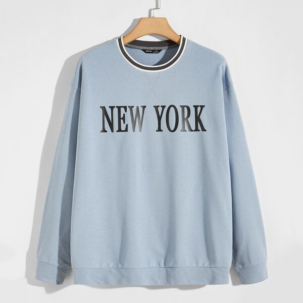 

Men Striped Neck Letter Graphic Pullover, Pastel baby blue