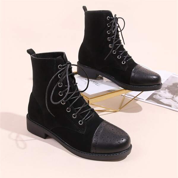 

Perforated Cap Toe Suede Combat Boots, Black