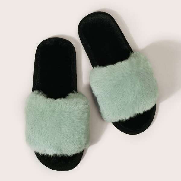 

Open Toe Wide Fit Fluffy Slippers, Green