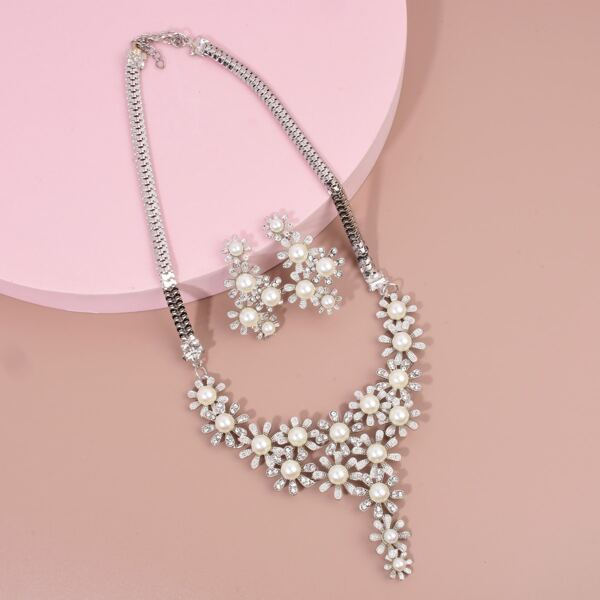 

Rhinestone Faux Pearl Decor Necklace & Earrings, Silver