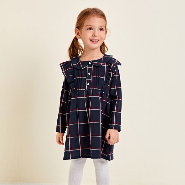 

Toddler Girls Plaid Ruffle Smock Dress, Navy blue