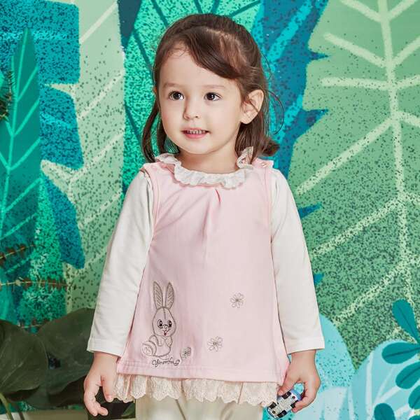 

Toddler Girls Tee & Schiffy Panel Cartoon Embroidery Dress, Baby pink