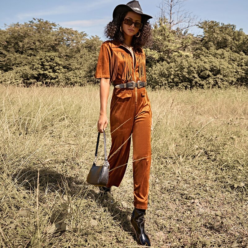 

Fringe Detail Zip Front Jumpsuit, Brown