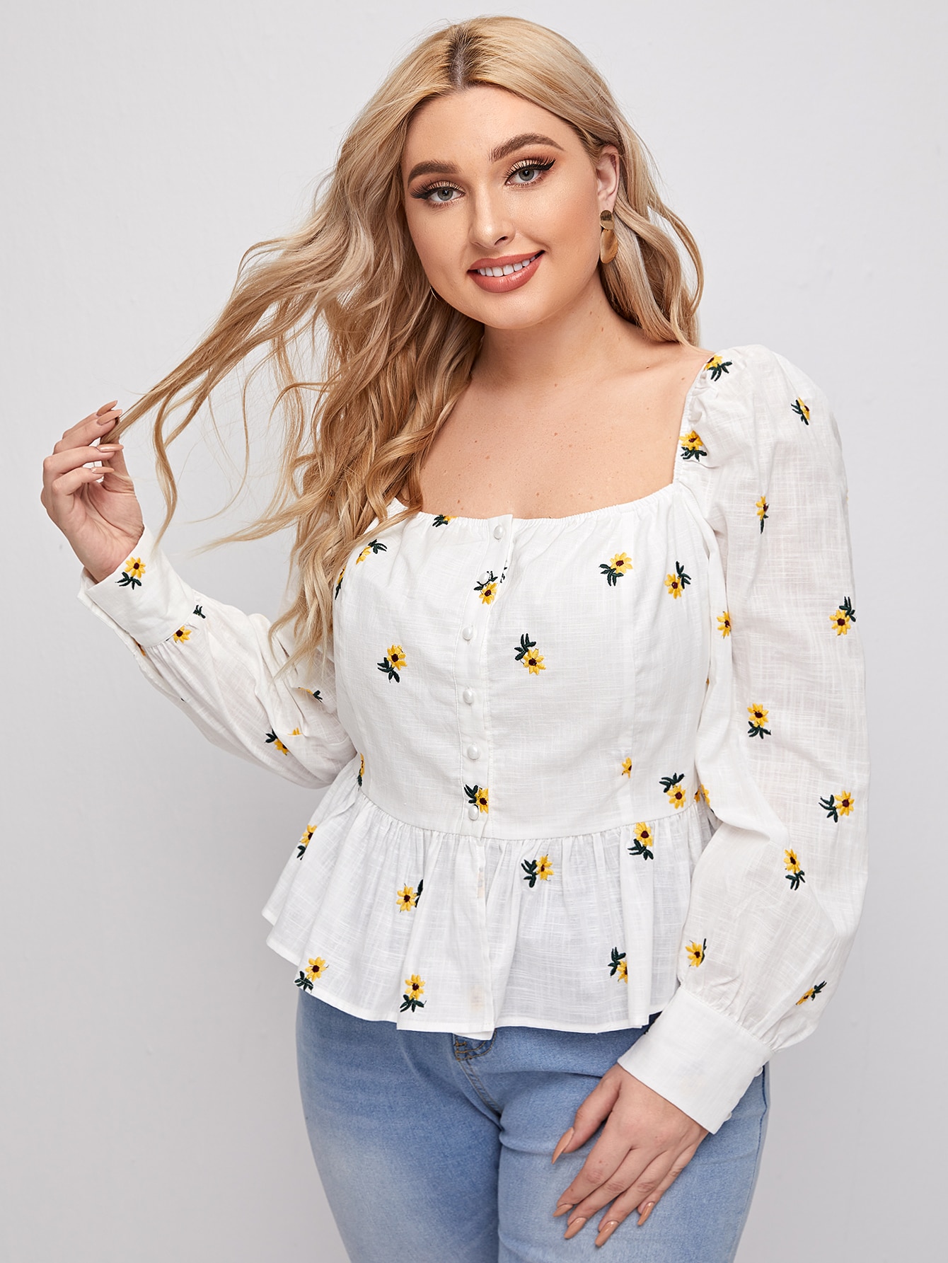 Plus Buttoned Front Floral Embroidery Peplum Blouse thumbnail