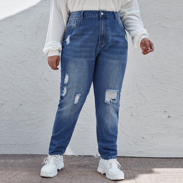 

Plus High Waist Ripped Jeans, Medium wash
