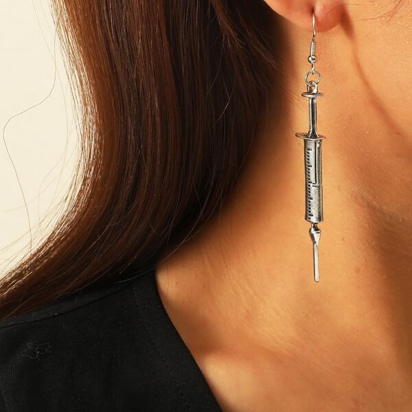 

Syringe Charm Drop Earrings, Silver