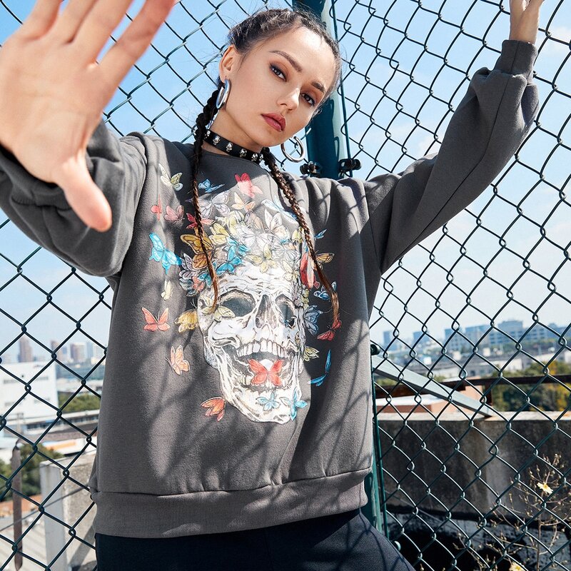 

Butterfly & Skull Graphic Oversized Sweatshirt, Grey