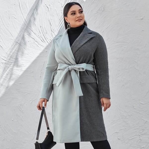 

Plus Two Tone Lapel Collar Belted Overcoat, Multicolor