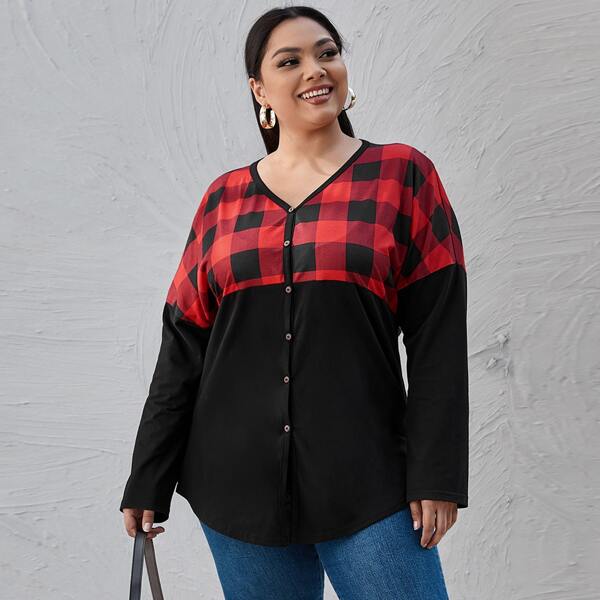 

Plus Gingham Print Button Front Drop Shoulder Tee, Multicolor