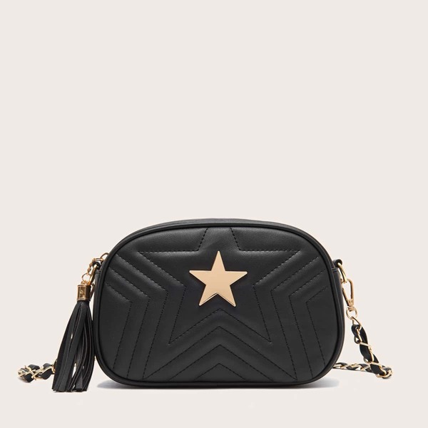 

Metal Decor Tassel Quilted Crossbody Bag, Black