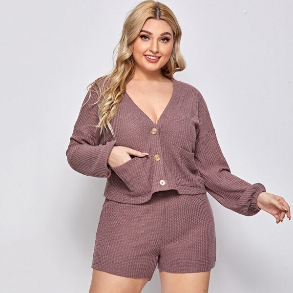 

Plus Buttoned Pocket Front Top & Shorts Set, Dusty pink