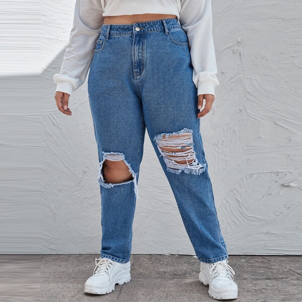 

Plus High Waist Ripped Mom Jeans, Medium wash