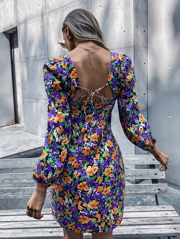 Our Allover Floral Lace Up Back Dress is such a vibe - ROMWE