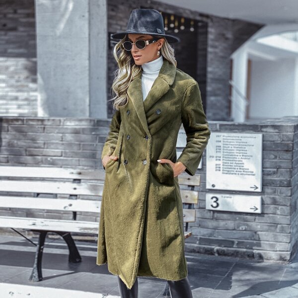 

Lapel Collar Double Breasted Faux Fur Coat, Army green