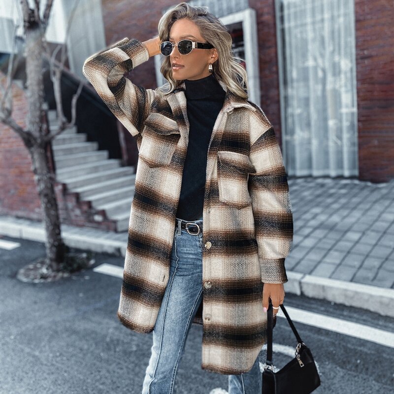 

Plaid Print Single Breasted Flap Pocket Front Overcoat, Multicolor