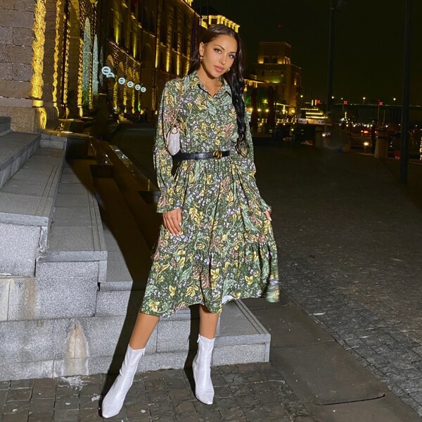 

Floral Ruffle Hem Shirt Dress Without Belt, Multicolor
