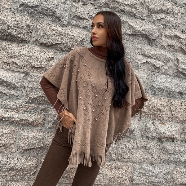 

Fringe Trim Beaded Poncho Sweater, Mocha brown