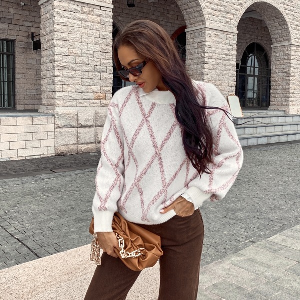 

Argyle Knit Drop Shoulder Sweater Without Shirt, White