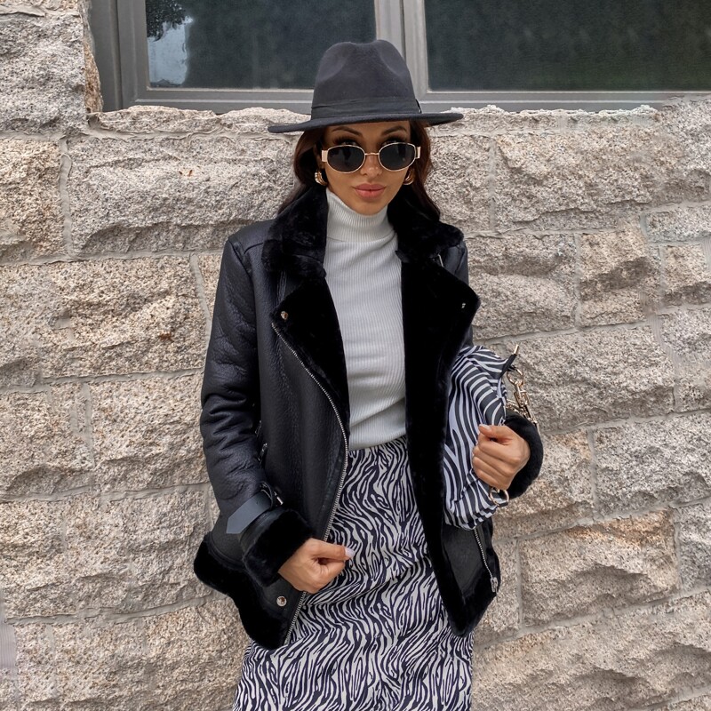 

Teddy Lined PU Moto Jacket, Black