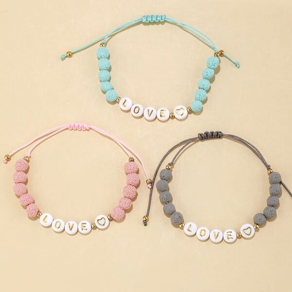 

3pcs Letter & Bead Decor String Bracelet, Multicolor