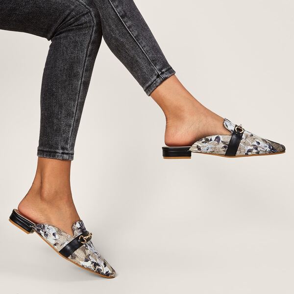 

Horsebit Decor Floral Graphic Loafer Mules, Multicolor