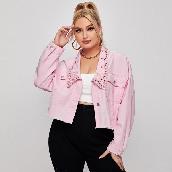 

Plus Eyelet Embroidery Raw Hem Denim Jacket, Pastel baby pink