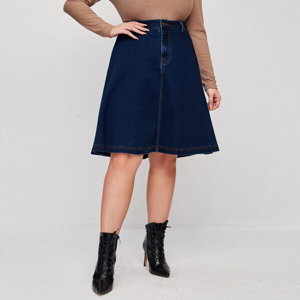 

Plus High Waist Flare Denim Skirt, Dark wash