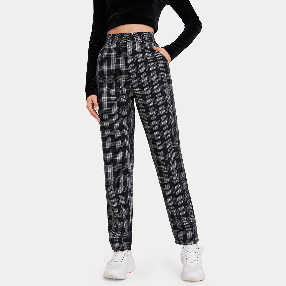 

Button Fly Plaid Pants, Black