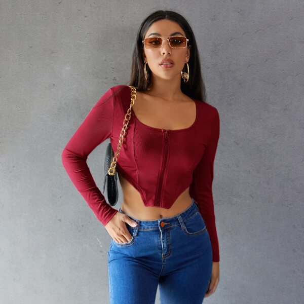 

Zip Up Asymmetrical Hem Crop Top, Burgundy