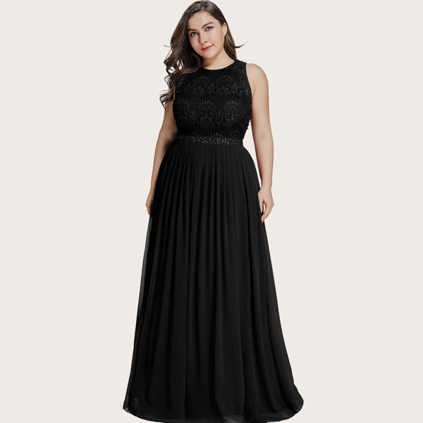 

Plus Lace Bodice Chiffon Prom Dress, Black